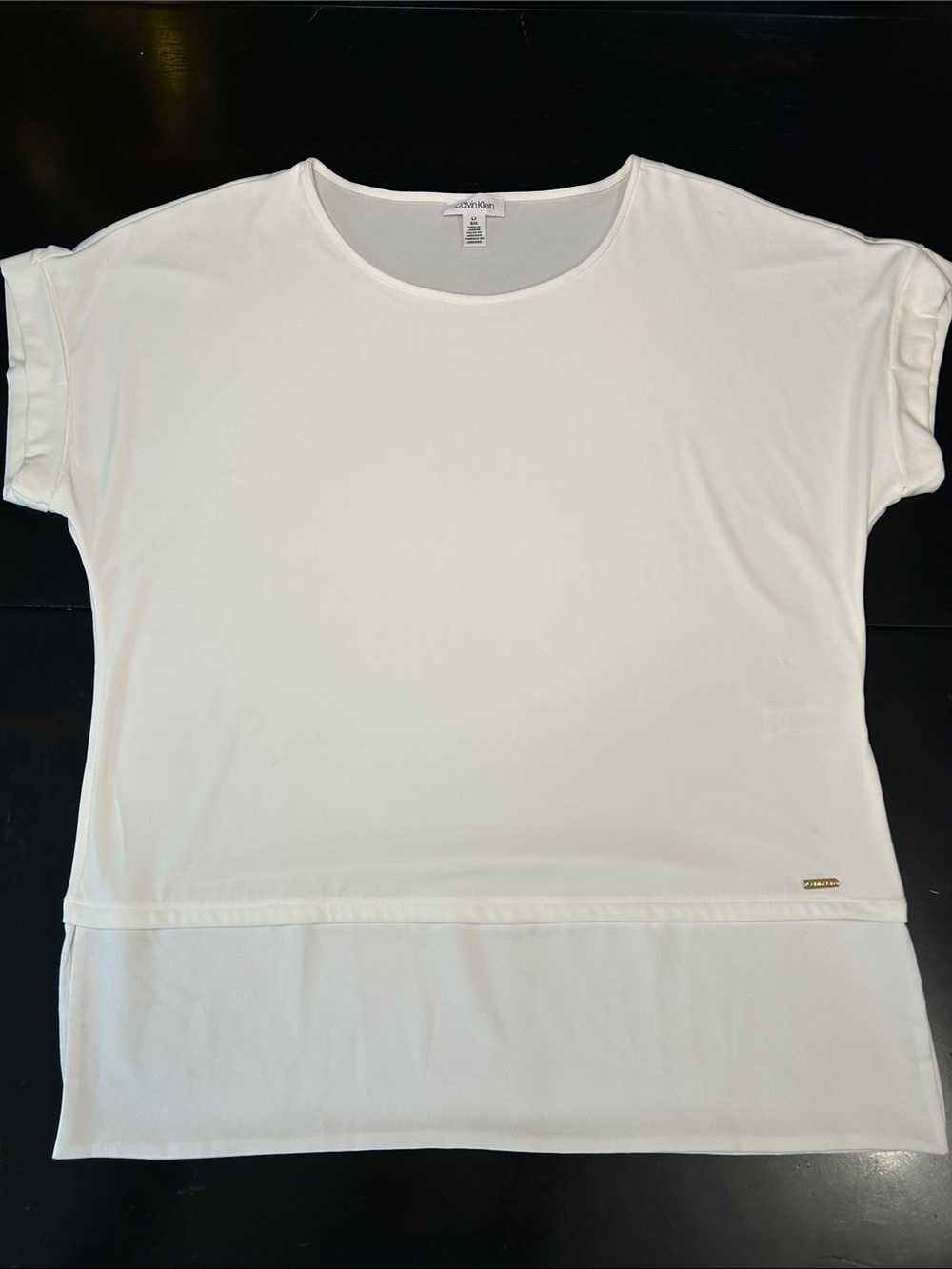 Calvin Klein classy clean Ivory Short Sleeve Layered-Hem Top sheer undershirt